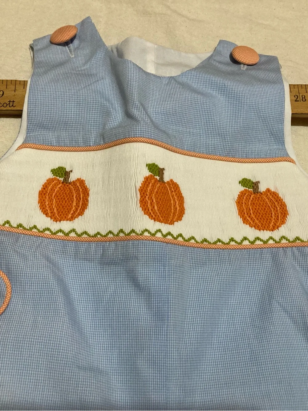 Kids Blue Smocked One-Piece with Orange Pumpkin Embroidery